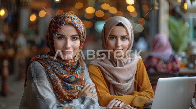 إدارة شؤون العمل وتنظيمه باستخدام جهاز الحاسوب، التعاون في إنجاز الأعمال، صورة مقربة لشابتان عربيتان خليجيتان سعوديتان محجبتان تجلسان في إحدى الكافيهات في المملكة العربية السعودية، عقد الاجتماعات عن بعد عبر الانترنت، دمج التكنولوجيا الحديثة بالحياة العملية