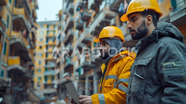 Supervising the progress of the work plan, a close-up picture from the side of two Saudi Gulf Arab engineers wearing a protective jacket and helmet standing at the construction site, Saudi engineering professions and jobs, the concept of development, urban progress in the Kingdom of Saudi Arabia
