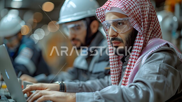 مهن ووظائف سعودية هندسية، الاشراف على سير خطة العمل، صورة مقربة من الجانب لمهندسين عربيين خليجيين سعوديين يرتديان خوذة ونظارة الحماية يعملان على جهاز الحاسوب
