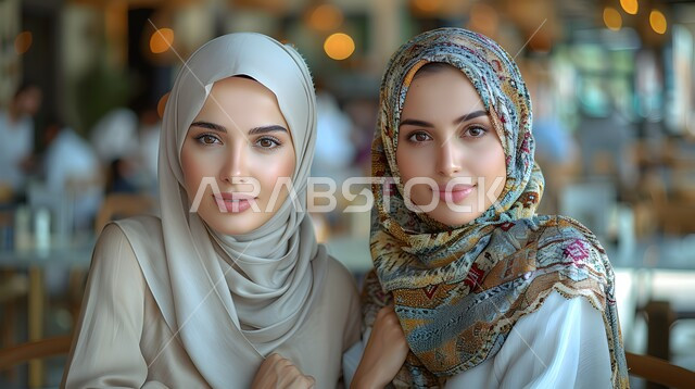 قضاء وقت ممتع بالخارج مع الاصدقاء، مفهوم النعومة والانوثة، صورة مقربة لشابتين عربيتين خليجيتين سعوديتين تجلسان في كافيه في المملكة العربية السعودية، حجابات نسائية عصرية حديثة، الاهتمام بالمظهر الخارجي