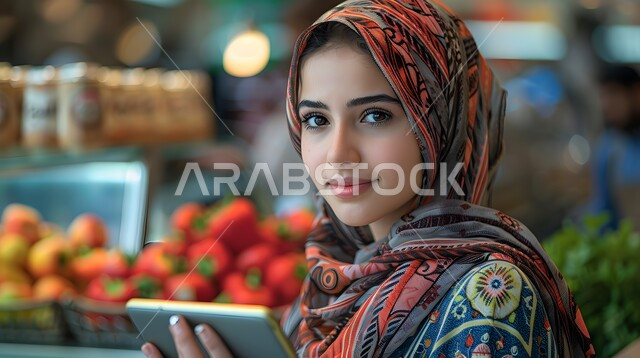 شراء الاحتياجات و المستلزمات المنزلية للمستهلك، صورة مقربة لامرأة عربية سعودية خليجية محجبة مبتسمة تحمل بيدها هاتف محمول تقوم بالتبضع في قسم الخضار والفواكه في سوبرماركت، قضاء وقت ممتع في المركز التجاري, السلع والمواد غذائية المختلفة