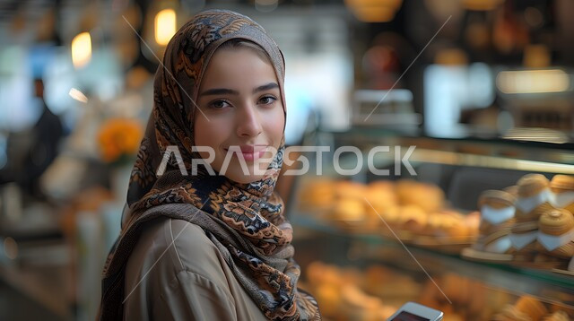 Various goods and foodstuffs, purchasing household needs and supplies for the consumer, a close-up picture of a smiling, veiled Saudi Arabian Gulf woman holding a mobile phone in her hand, shopping in the sweets section of a supermarket, spending a good time in the mall