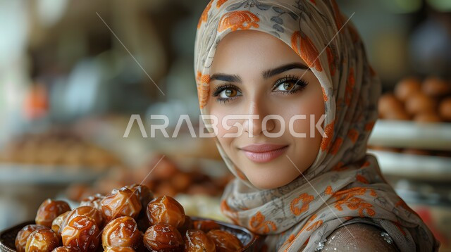 قضاء وقت ممتع في المركز التجاري، السلع والمواد غذائية المختلفة، شراء الاحتياجات والمستلزمات المنزلية للمستهلك، صورة مقربة لامرأة عربية سعودية خليجية محجبة مبتسمة تحمل بيدها هاتف محمول تقوم بالتبضع في قسم الحلويات في سوبرماركت