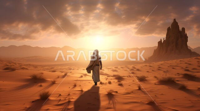 A view of the sky full of clouds at sunset, plateaus and sand hills, a picture from behind of a veiled Saudi Arabian Gulf woman wearing an abaya walking in the middle of the desert, the desert nature in the Kingdom of Saudi Arabia, soft golden sand