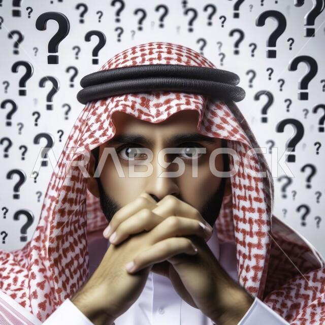 الجهل بشيء ما، بورتريه مقرب لرجل عربي خليجي سعودي يرتدي الثوب التقليدي والشماغ يشبك اصابعه بايماءات التفكير والتساؤل، كثرة الافكار والاسئلة، خلفية علامات استفهام