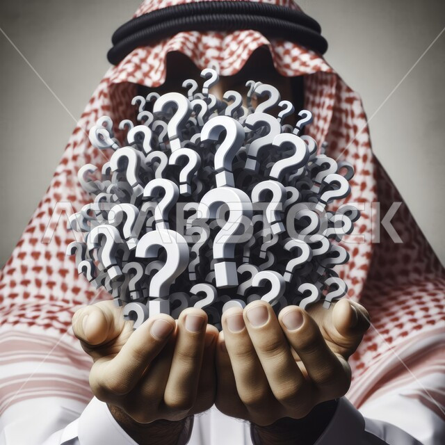 كثرة الافكار والاسئلة، الجهل بشيء ما، بورتريه مقرب لرجل عربي خليجي سعودي يرتدي الثوب التقليدي والشماغ يحمل بكفيه علامات استفهام تدل على التفكير والتساؤل، خلفية رمادية