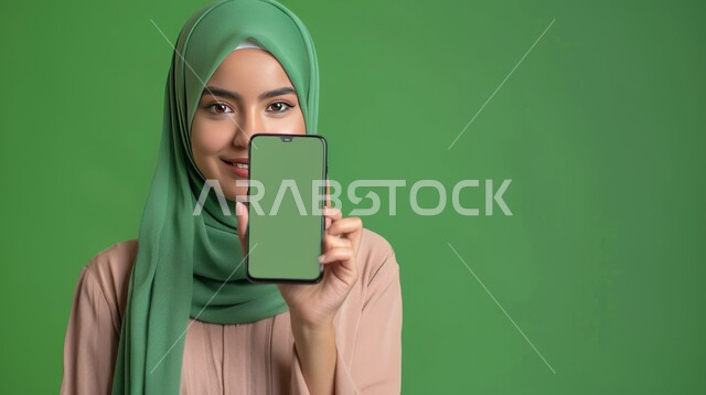 Mobile phone screen display, concept of elegance and soft features, close-up portrait of a smiling Saudi Gulf Arab young woman wearing a hijab looking at the camera, attention to external appearance, green background