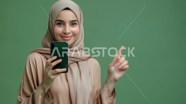 الإشارة إلى مكان ما والنظر إلى الكاميرا،  بورتريه مقرب لإمرأة عربية خليجية سعودية ترتدي الحجاب تشير بإصبع السبابة إلى شيء ما بتعابير السرور والسعادة، التقاط صورة سيلفي تذكارية عبر الجوال, الاهتمام بالمظهر الخارجي, خلفية خضراء