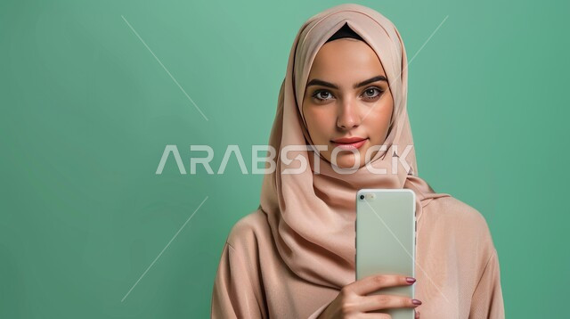 التقاط صورة سيلفي تذكارية عبر الجوال, الاهتمام بالمظهر الخارجي, مفهوم الأناقة والملامح الناعمة, بورتريه مقرب لإمرأة عربية خليجية سعودية ترتدي الحجاب تنظر إلى الكاميرا, خلفية خضراء