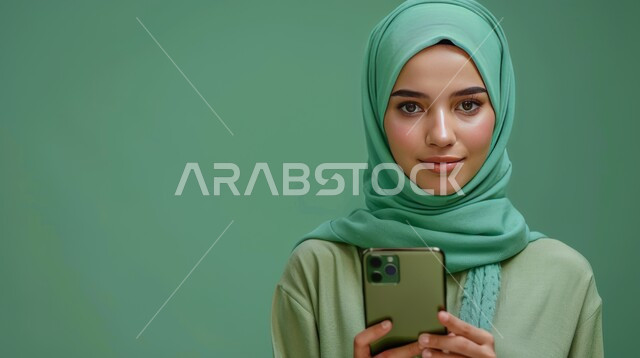 مفهوم الأناقة والملامح الناعمة, بورتريه مقرب لشابة عربية خليجية سعودية ترتدي الحجاب تنظر إلى الكاميرا, التقاط صورة سيلفي تذكارية عبر الجوال, الاهتمام بالمظهر الخارجي,  خلفية خضراء