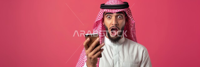 الشعور بالتعجب والدهشة والذهول والصدمة, استخدام الأجهزة والتقنيات الحديثة،  التفاجؤ من شيء ما، بورتريه مقرب لرجل عربي خليجي سعودي يرتدي الشماغ والزي التقليدي يمسك بيده الهاتف المحمول، خلفية وردية
