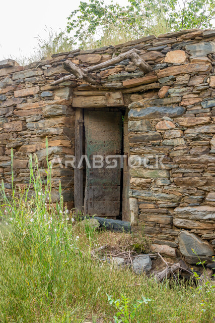 Old-style architectural art, historical archaeological castles built of stones in the city of Al-Baha, stone houses and buildings in heritage villages, famous tourist attractions in the Kingdom of Saudi Arabia