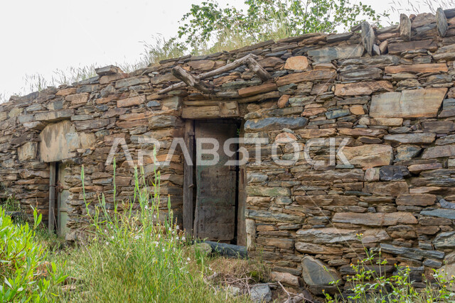 Old-style architectural art, historical archaeological castles built of stones in the city of Al-Baha, stone houses and buildings in heritage villages, famous tourist attractions in the Kingdom of Saudi Arabia