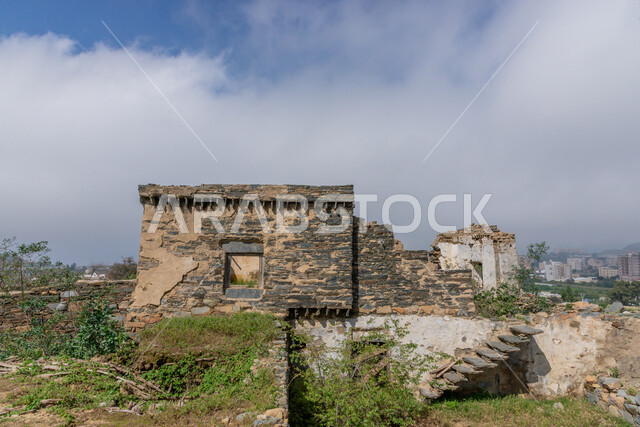 Historical archaeological castles built of stones in the city of Al-Baha, ancient architectural art, stone houses and buildings in heritage villages, famous tourist attractions in the Kingdom of Saudi Arabia