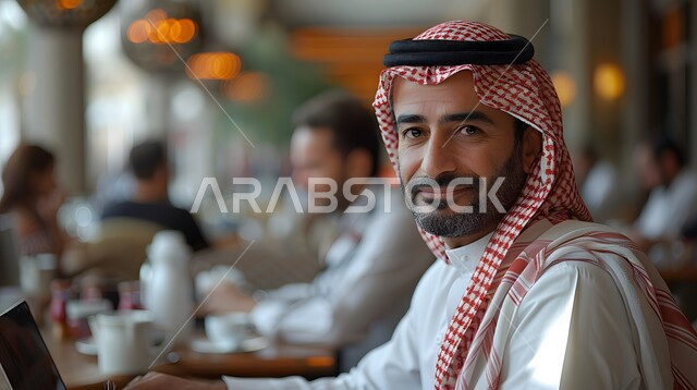 الاهتمام بالاناقة والمظهر الخارجي، صورة مقربة لرجل عربي خليجي سعودي مبتسم يرتدي الشماغ والثوب التقليدي يجلس على طاولة في إحدى الكافيهات ينظر الى الكاميرا بإيماءات السرور والفرح، مفهوم الاسترخاء والراحة