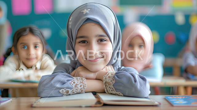 التربية والتعليم بالمناهج المقررة للطلاب في المملكة العربية السعودية، طالبة عربية خليجية سعودية مبتسمة ترتدي الحجاب تجلس داخل الفصل الدراسي، النظر الى الكاميرا بايماءات الفرح والسعادة لعودة المدارس