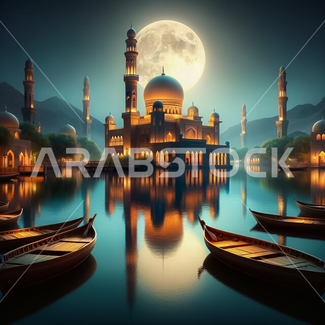 The distinguished architectural art of a mosque overlooking the lake at night, decorations and designs in the Islamic style, worship and drawing closer to God, performing obligatory prayers and prayers, illuminated domes and minarets, a background of the full moon illuminated in the sky, wooden boats in the middle of a water pond.