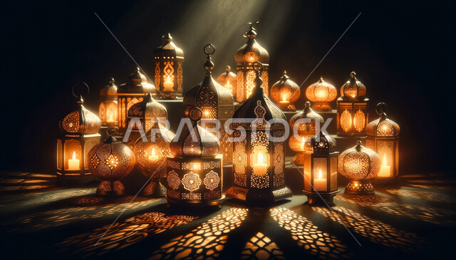 Ramadan and Islamic spiritual atmosphere, illuminated decorative metal Arabic lantern, Arab customs and traditions in holiday decorations and religious occasions, lanterns, antiques and traditional decorations to celebrate the advent of the holy month of Ramadan.