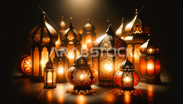 Lanterns, antiques, and traditional decorations to celebrate the advent of the holy month of Ramadan, a Ramadan and Islamic spiritual atmosphere, a luminous decorated metal Arab lantern, Arab customs and traditions in holiday decorations and religious occasions.