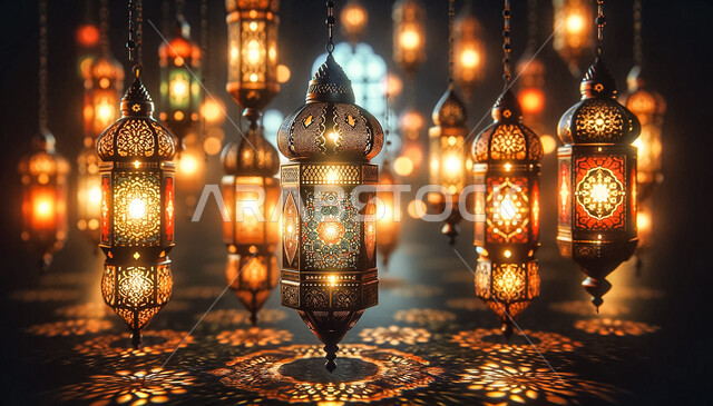 Arab customs and traditions in decorations for holidays and religious occasions, lanterns, antiques and traditional decorations to celebrate the advent of the holy month of Ramadan, an Islamic Ramadan and spiritual atmosphere, an illuminated decorative metal Arabic lantern.