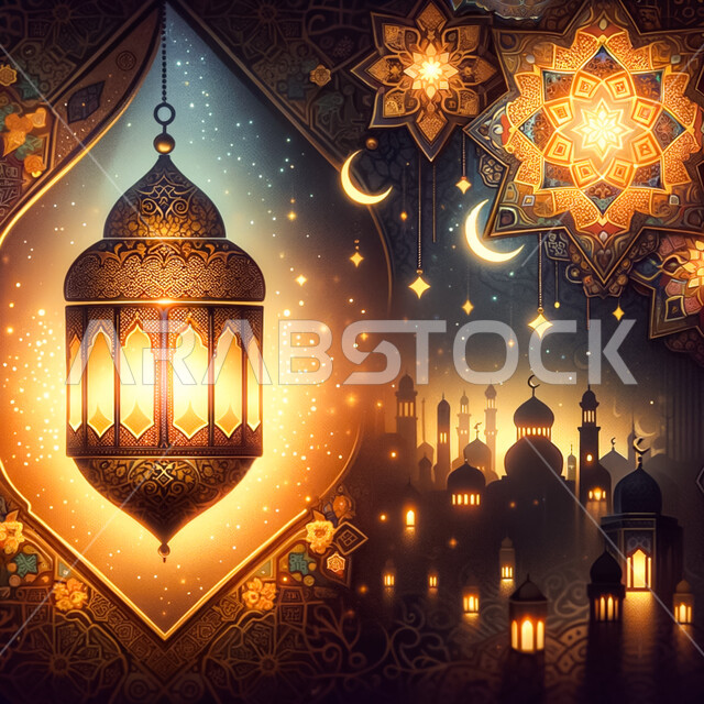 العادات والتقاليد العربية في زينة الأعياد والمناسبات الدينية، فوانيس وتحف وديكورات تقليدية للاحتفال بقدوم شهر رمضان المبارك، أجواء رمضانية وروحانية إسلامية، فانوس عربي معدني مزخرف مضيء