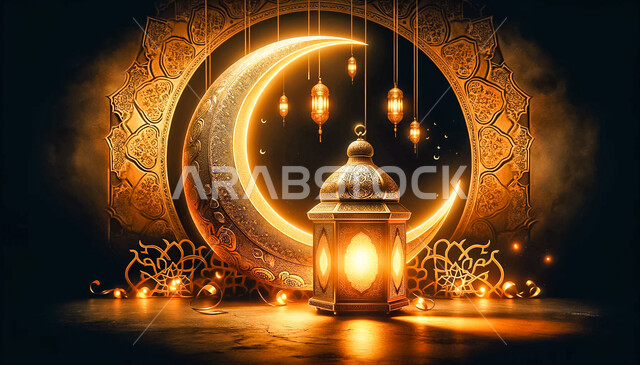  فانوس عربي معدني مزخرف مضيء بجانب الهلال، العادات والتقاليد العربية في زينة الأعياد والمناسبات الدينية، فوانيس وتحف وديكورات تقليدية للاحتفال بقدوم شهر رمضان المبارك، أجواء رمضانية وروحانية إسلامية