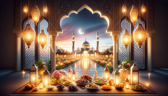 Welcoming the month of goodness and blessings, celebrating Islamic holidays and occasions, ornate Arabic metal lanterns and illuminated Ramadan decorations, group Iftar tables in the blessed Ramadan filled with all kinds of foods and delicacies.