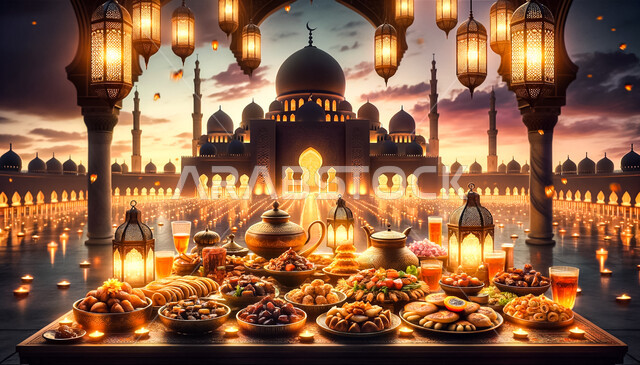 موائد الإفطار الجماعية في رمضان المبارك المليئة بأنواع الأطعمة والمأكولات، استقبال شهر الخير والبركة، الإحتفال بالأعياد والمناسبات الإسلامية، الفوانيس المعدنية العربية المزخرفة والديكورات الرمضانية المضاءة
