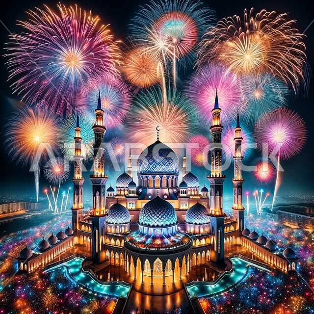 الاحتفالات بالأعياد والمناسبات الدينية الإسلامية، المفرقعات والألعاب النارية في السماء فوق المسجد، العادات والتقاليد لاستقبال العيد في المملكة العربية السعودية