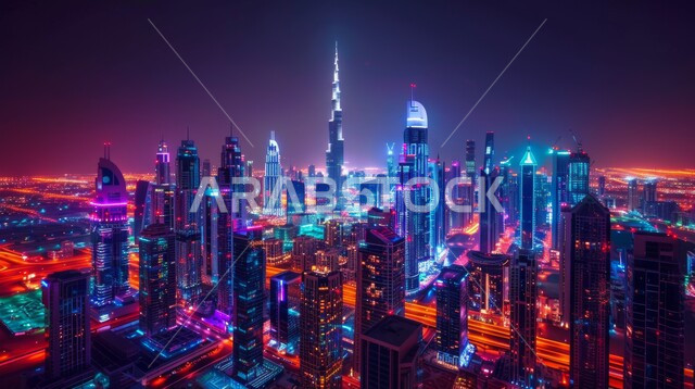 الفن الهندسي المعماري للمباني والمنشآت السكنية والتجارية المضاءة في المساء، صورة جوية للأبراج وناطحات السحاب في إمارة دبي السياحية، التقدم والتوسع العمراني في دولة الإمارات العربية المتحدة