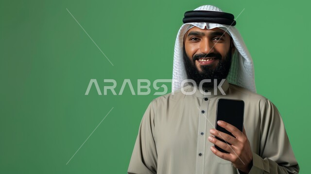 النظر الى الكاميرا بإيماءات السرور والسعادة، عرض هاتف محمول بشاشة سوداء فارغة، استخدام الأجهزة التقنية الحديثة المتطورة، بورتريه مقرب لرجل عربي خليجي سعودي مبتسم يرتدي الشماغ والثوب التقليدي يمسك بيده الجوال، خلفية خضراء