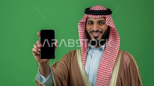 عرض هاتف محمول بشاشة سوداء فارغة، استخدام الأجهزة التقنية الحديثة المتطورة، النظر الى الكاميرا بتعابير السرور والسعادة، بورتريه لرجل عربي خليجي سعودي مبتسم يرتدي الشماغ والثوب التقليدي يمسك بيده الجوال، خلفية خضراء