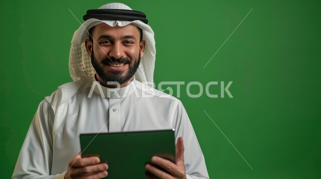 Looking at the camera with happy expressions, using a laptop and working remotely, a close-up portrait of a smiling Saudi Gulf Arab man wearing a shemagh and traditional thobe, holding a laptop, green background
