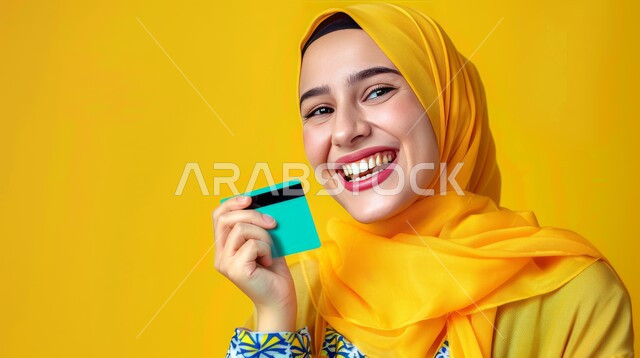 النظرالى الكاميرا بإيماءات وتعابير السعادة والفرح، إمكانية تسديد الفواتير بالبطاقة الإلكترونية، الشراء والدفع عن طريق بطاقة الإئتمان البنكية، بورتريه مقرب لإمرأة عربية خليجية سعودية مبتسمة ترتدي الحجاب تمسك بيدها بطاقة الصراف، خلفية صفراء