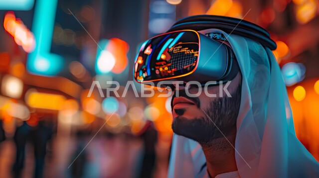 النظر إلى شيء ما في العالم الخيالي بتعابير الاندماج، التفاعل مع الواقع الافتراضي, العلوم والتكنولوجيا الحديثة والمتطورة, صورة مقربة لرجل عربي خليجي سعودي يرتدي الغترة التقليدية يضع نظارة الفي آر ثلاثية الأبعاد