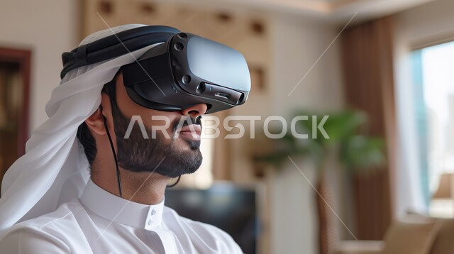 التفاعل مع الواقع الافتراضي, العلوم والتكنولوجيا الحديثة والمتطورة, صورة مقربة لرجل عربي خليجي سعودي يرتدي الغترة التقليدية يضع نظارة الفي آر ثلاثية الأبعاد، النظر إلى شيء ما في العالم الخيالي بتعابير الاندماج