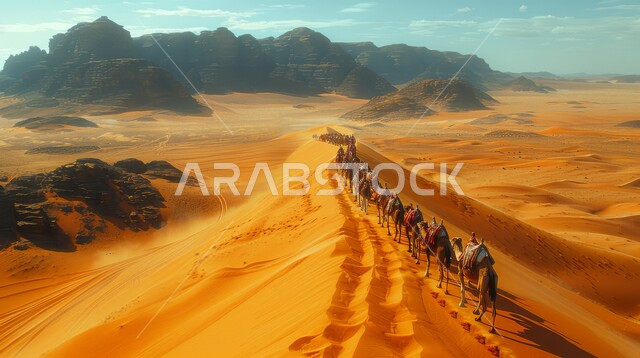 التكوينات والتشكيلات الصخرية، استخدام الإبل في التنقل في صحارى المملكة العربية السعودية، الرمال الذهبية الناعمة، مجموعة من الجمال تسير فوق الكثبان الرملية في الصحراء في وقت النهار، الإهتمام في تربية ورعاية الحيوانات