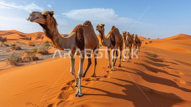 استخدام الإبل في التنقل في صحارى المملكة العربية السعودية، الرمال الذهبية الناعمة، مجموعة من الجمال تسير فوق الكثبان الرملية في الصحراء في وقت النهار، أماكن سياحية صحراوية، الإهتمام في تربية ورعاية الحيوانات