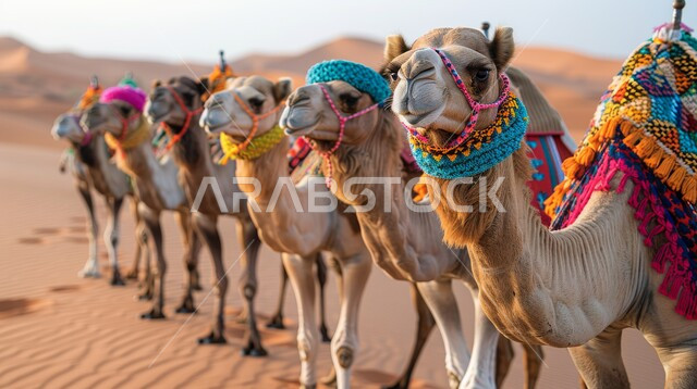 الإهتمام في تربية ورعاية الحيوانات، استخدام الإبل في التنقل في صحارى المملكة العربية السعودية، الرمال الذهبية الناعمة، مجموعة من الجمال تقف فوق الكثبان الرملية في الصحراء في وقت النهار، الأماكن والمناطق الصحراوية السياحية