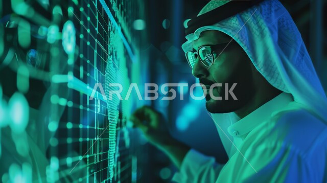 رسوم بيانية احصائية للبورصة العالمية، صورة مقربة لرجل عربي خليجي سعودي يرتدي الزي التقليدي يقوم بانجاز الاعمال باستخدام الكنولوجيا الحديثة، تطورات سوق الاوراق المالية، مراقبة الاقتصاد ومعلومات الاستثمار المالي