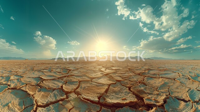 مفهوم الإحتباس الحراري، منظر شروق الشمس على الأراضي الصحراوية القاحلة، أرض طينية متشققة في موسم الجفاف، نتائج الكوارث الطبيعية والهزات الأرضية، المناطق الصحراوية الجافة, تغير المناخ والعوامل الطبيعية