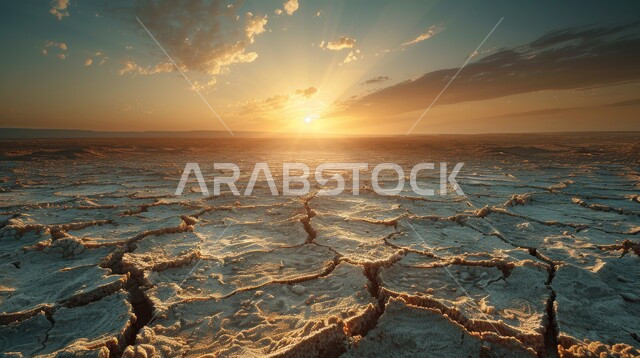 منظر شروق الشمس على الأراضي الصحراوية القاحلة، مفهوم الإحتباس الحراري، أرض طينية متشققة في موسم الجفاف، نتائج الكوارث الطبيعية والهزات الأرضية، المناطق الصحراوية الجافة, تغير المناخ والعوامل الطبيعية