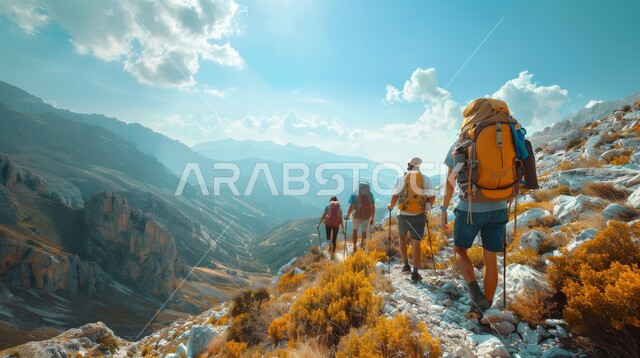 التشكيلات والتكوينات الصخرية في المملكة العربية السعودية، الاستمتاع بالمناظر الطبيعيه في الجبال، صورة من الخلف لمجموعة من السياح يسيرون في القمم والمرتفعات الجبلية في وقت النهار، مفهوم حب المغامرات والاستكشاف