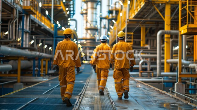 مراقبة ومتابعة سير الاعمال في المصانع، مفهوم إنتاجية الغاز في المملكة العربية السعودية, مهن ووظائف هندسية سعودية، صورة من الخلف لمهندسين عربيين خليجيين سعوديين يرتدون الخوذة وسترة الحماية يسيران في مصنع تكرير النفط