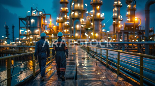 مفهوم إنتاجية الغاز في المملكة العربية السعودية, مهن ووظائف هندسية سعودية، صورة من الخلف لمهندسان عربيان خليجيان سعوديان يرتديان الخوذة وسترة الحماية يسيران في مصنع تكرير النفط، متابعة ومراقبة سير الاعمال في المصانع