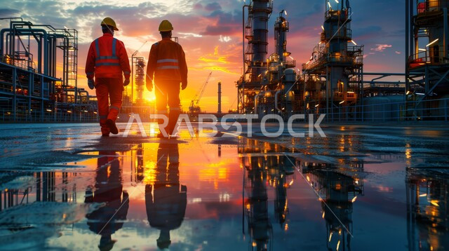 مهن ووظائف هندسية سعودية، صورة من الخلف لمهندسان عربيان خليجيان سعوديان يرتديان الخوذة وسترة الحماية يسيران في مصنع تكرير النفط، مفهوم إنتاجية الغاز في المملكة العربية السعودية, متابعة ومراقبة سير الاعمال في المصانع