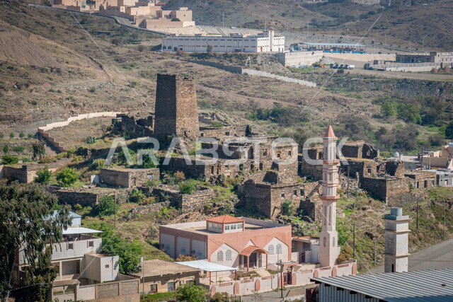 Historical archaeological castles built of stones in the city of Al-Baha, trees and green plants, ancient-style architectural art, stone houses and buildings in heritage villages, famous tourist attractions in the Kingdom of Saudi Arabia.