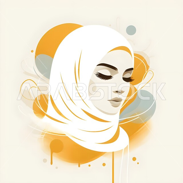 النظر إلى الأسفل بإيماءات الخجل والحياء،رسوم توضيحية لرأس إمرأة عربية خليجية سعودية محجبة، مفهوم الأنوثة والنعومة،  خلفية وردية