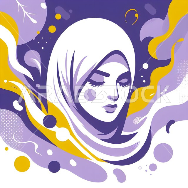 حجابات نسائية عصرية حديثة، النظر إلى الأسفل بإيماءات الخجل والحياء،رسوم توضيحية لرأس إمرأة عربية خليجية سعودية محجبة، مفهوم الأنوثة والنعومة،  خلفية ملونة