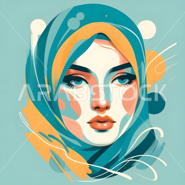 الاهتمام بالظهر الخارجي، مفهوم الأنوثة والنعومة، رسوم توضيحية لرأس إمرأة عربية خليجية سعودية محجبة،  حجابات نسائية عصرية حديثة، خلفية زرقاء